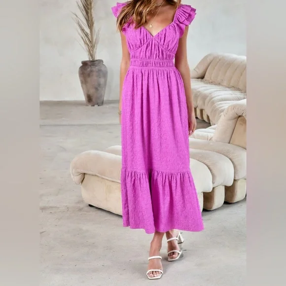 NWT Vici Georgiana Orchid Textured Ruffle Midi Dress |Size Medium - Picture 2 of 3